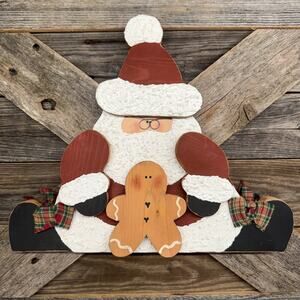Handcrafted Wooden Shelf Sitter Santa w Gingerbread Man Rustic Country Christmas